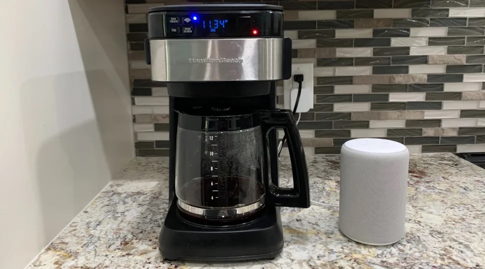 Coffee machine connected to smart plug controlled by Alexa for morning routine