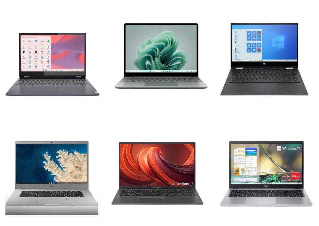 Comparison chart of best student laptops under $500 and £500 in 2025 with battery life and weight