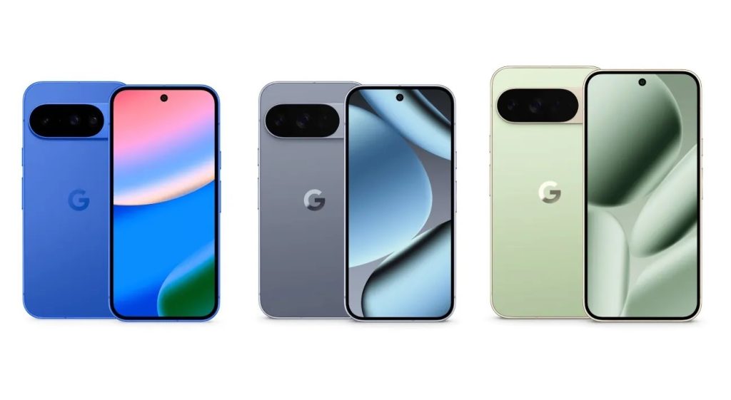 Google Pixel 10, Pixel 10 Pro, and Pixel 10 Pro XL smartphone lineup with OLED displays and camera bar design in 2025