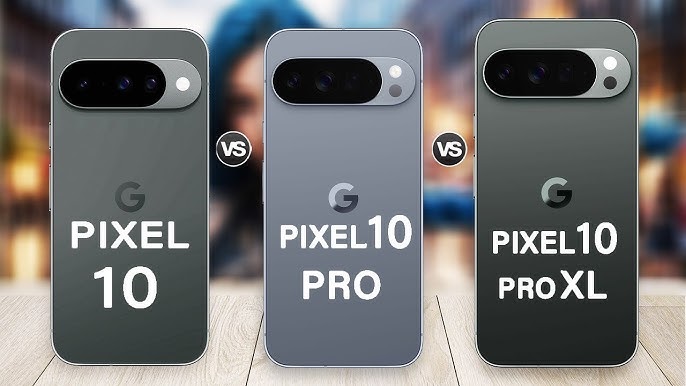 Specs comparison chart of Google Pixel 10, Pixel 10 Pro, and Pixel 10 Pro XL in 2025