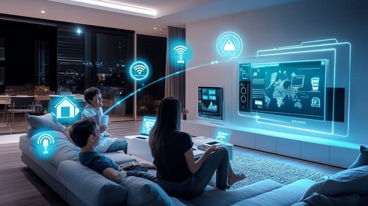 Family experiencing 6G-powered holographic entertainment and smart home applications.