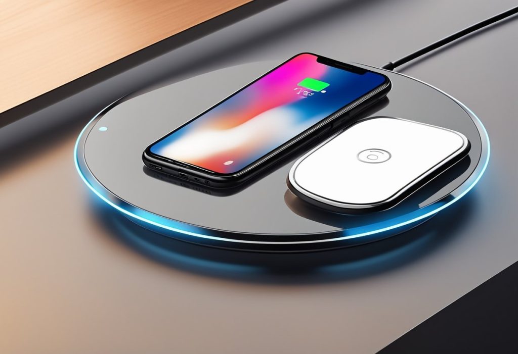 Fast wireless charger powering a smartphone with glowing LED indicator