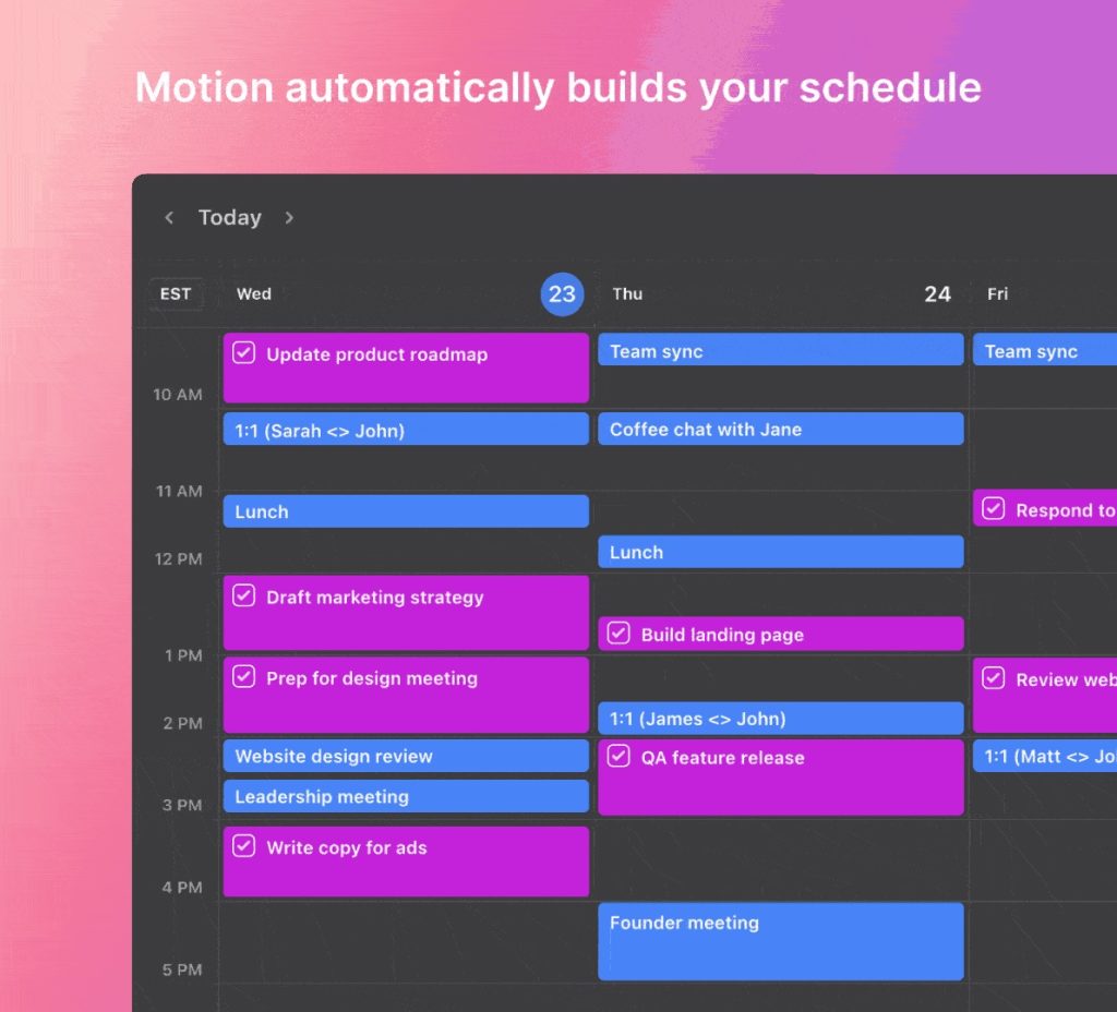 Motion AI productivity app scheduling dashboard with automated task blocks