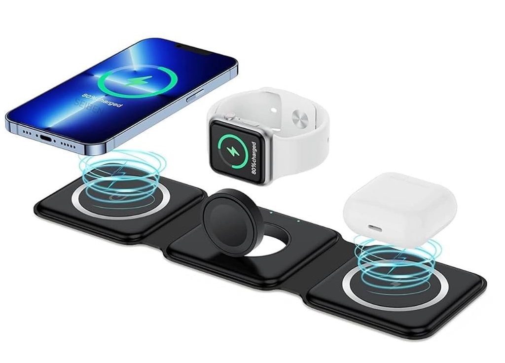 Multi-device wireless charging pad powering phone, earbuds, and smartwatch.
