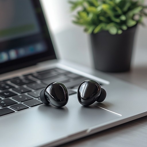 Noise cancelling wireless earbuds paired with smartphone and laptop in 2025.