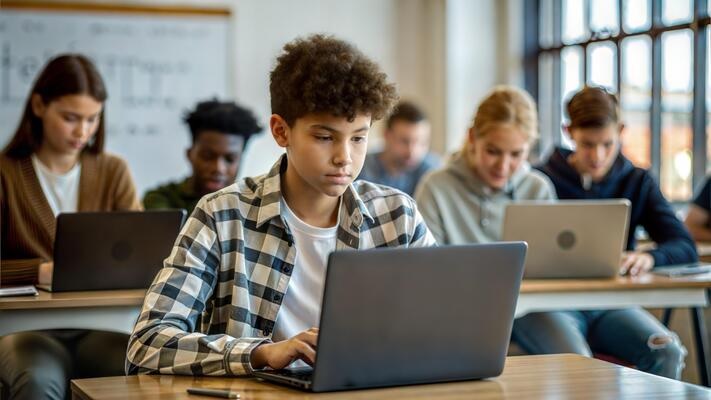 Student studying on a Windows laptop for schoolwork