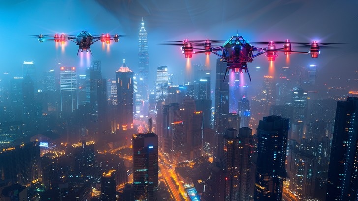 A futuristic city skyline with holograms, drones, and glow