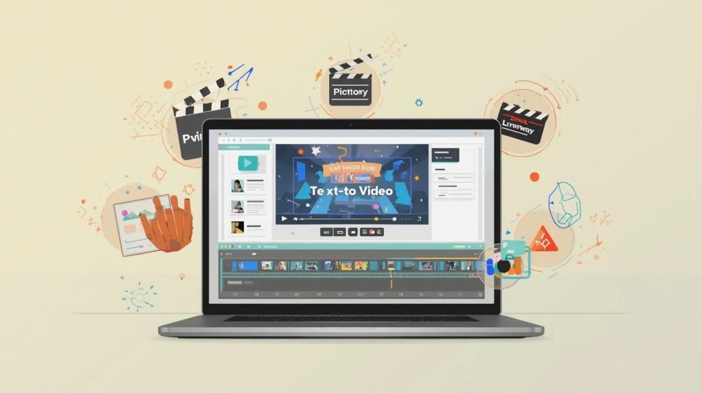 AI video generator comparison 2025 on laptop screen with futuristic design.