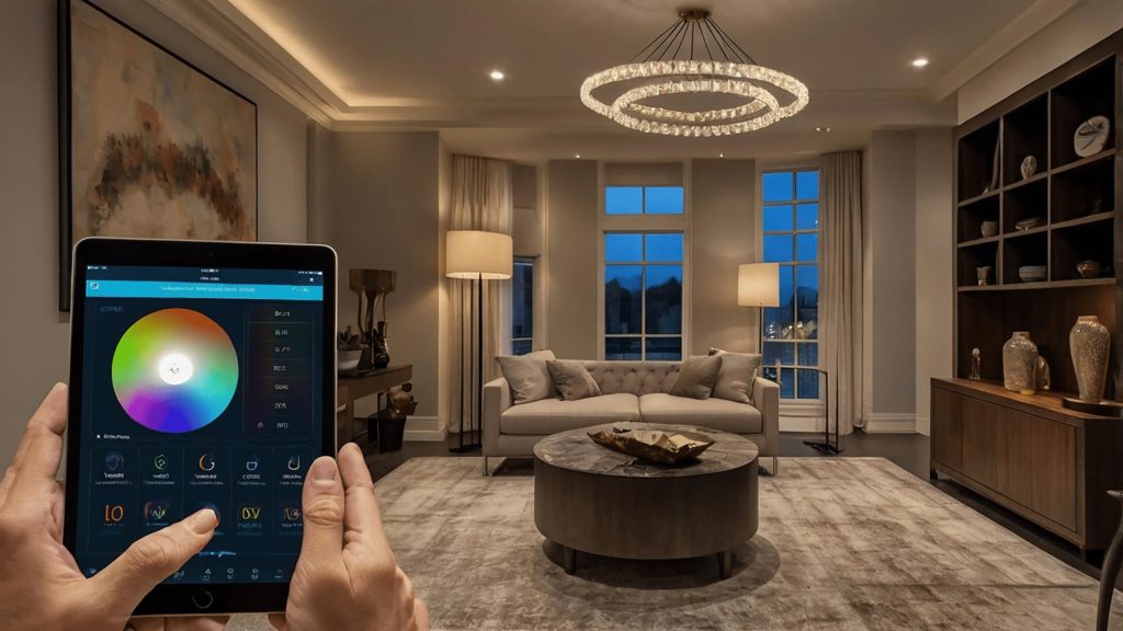 Smart lighting system 2025 with voice control in a modern living room