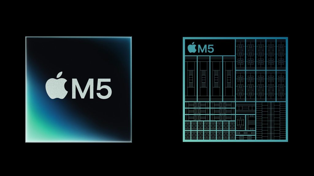 Split graphic comparing Apple M5