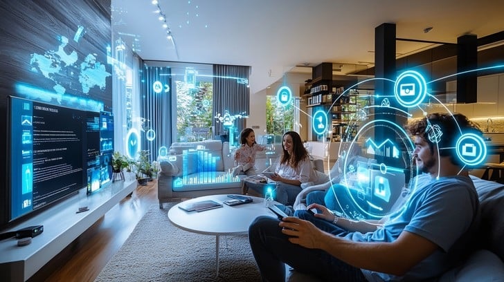Top technology trends 2026 in smart homes with AI-powered appliances and holograms.