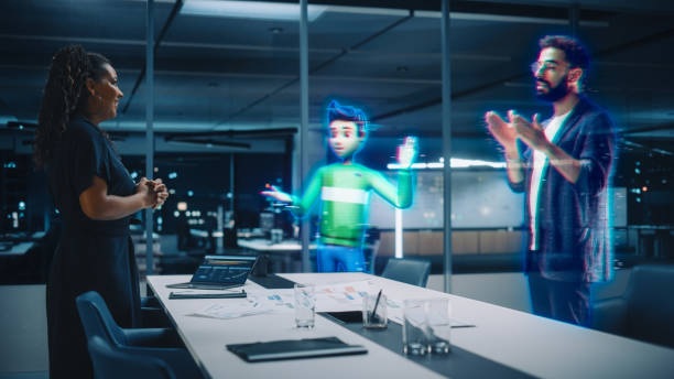 Workplace technology trends 2026 with holographic meetings and AI productivity tools.