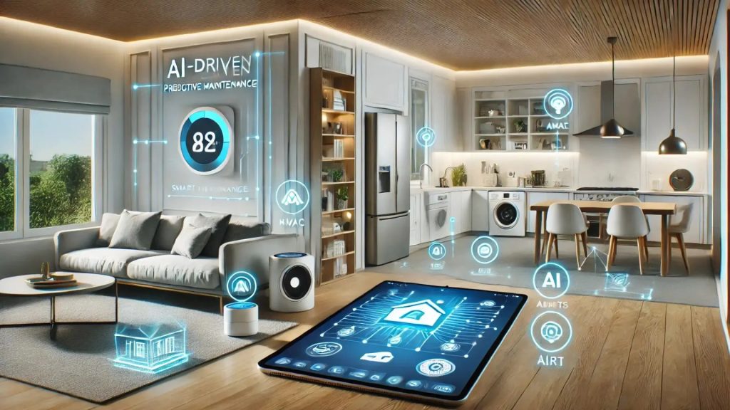 Future smart home dashboard in 2025 showing AI-driven automation, energy efficiency, and security insights