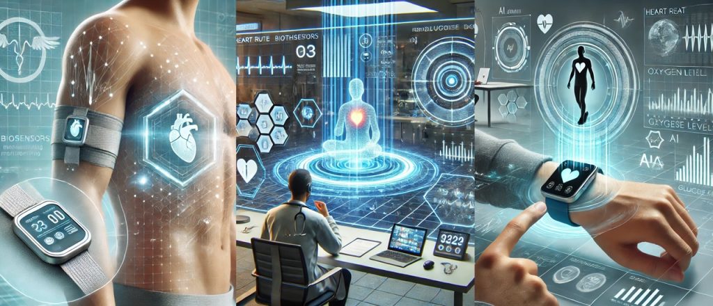 Futuristic wearable health technology integrating AI and biometric data for predictive healthcare