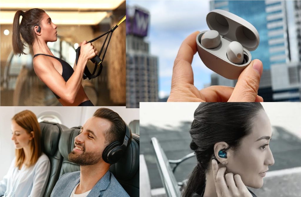 Users wearing best noise cancelling earbuds 2025 in travel, gym, and office environments