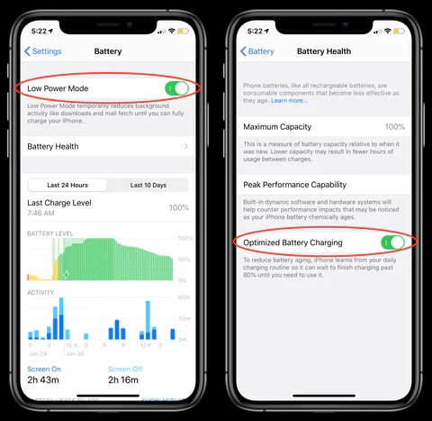 iPhone battery health and Low Power Mode settings to fix battery drain problems in 2025.