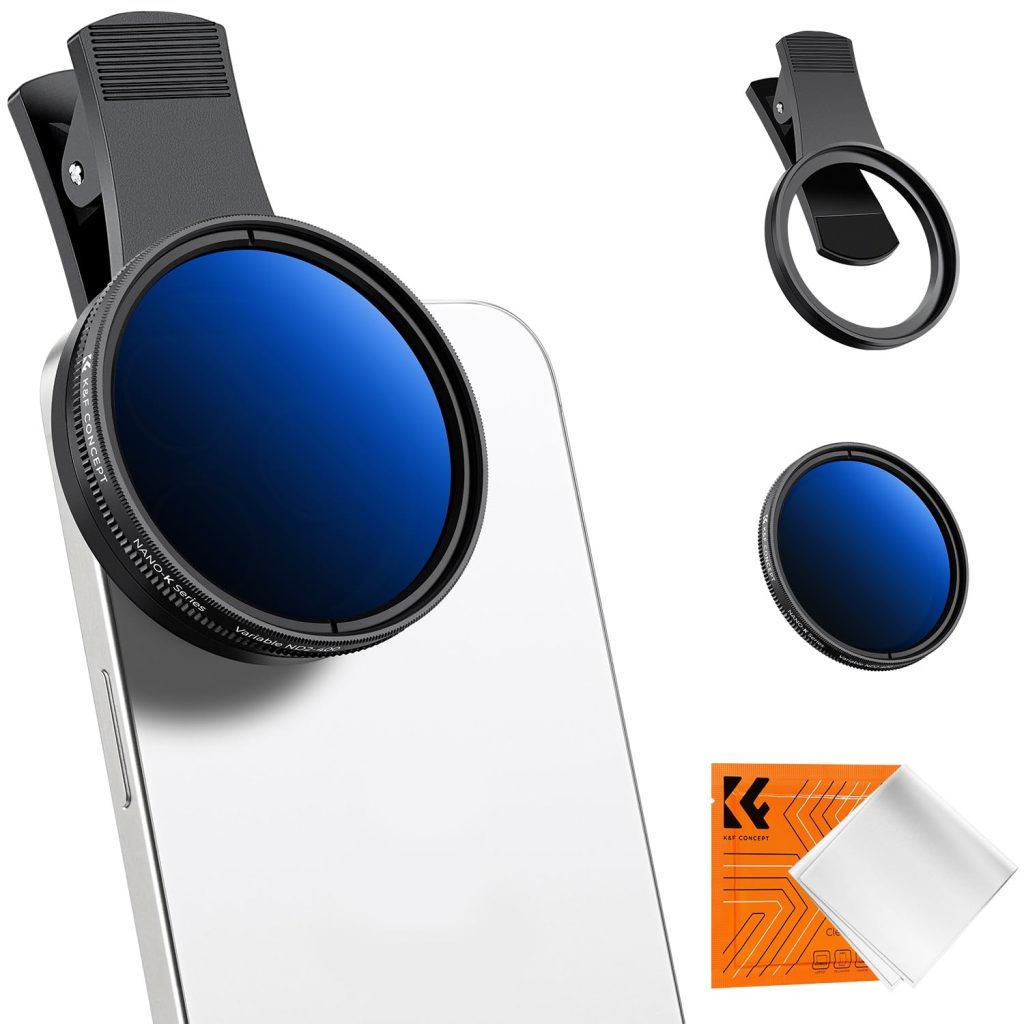 Clip-on smartphone camera filter attached to a phone for outdoor mobile photography