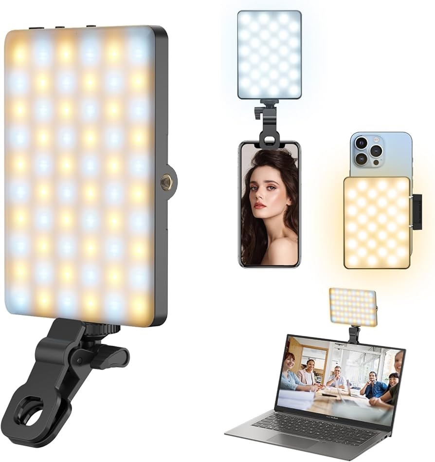 Portable LED video light mounted near a smartphone for creative mobile photography lighting