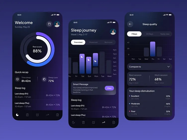 Sleep tracking app dashboard showing sleep stages and recovery score
