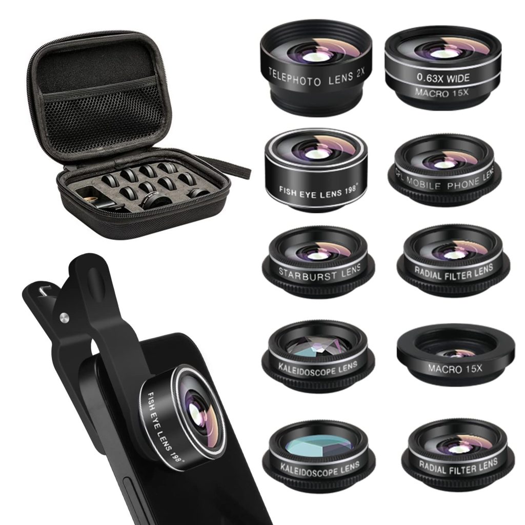 Smartphone camera lens kit with macro and wide-angle lenses attached to a mobile phone