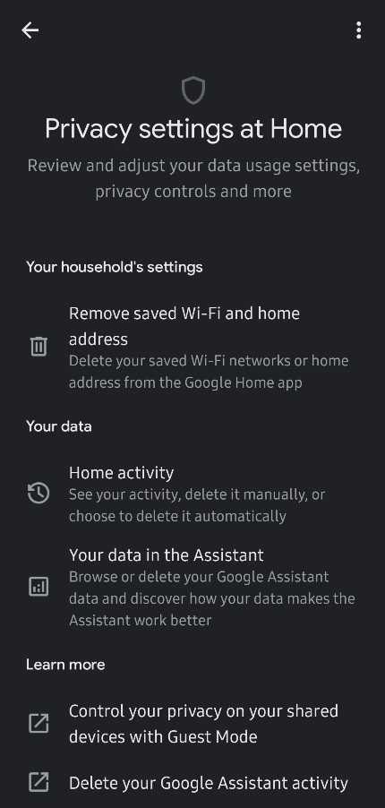 Smart home privacy settings shown in mobile app