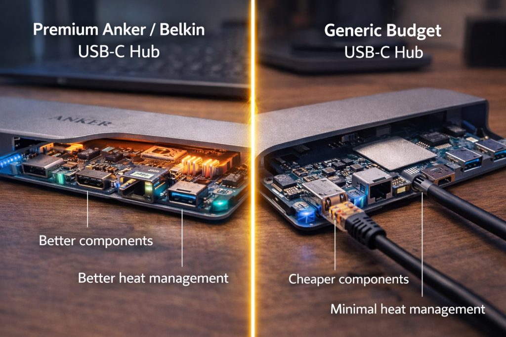 Comparison of premium Anker and Belkin USB-C hubs versus generic budget USB-C hub internal components