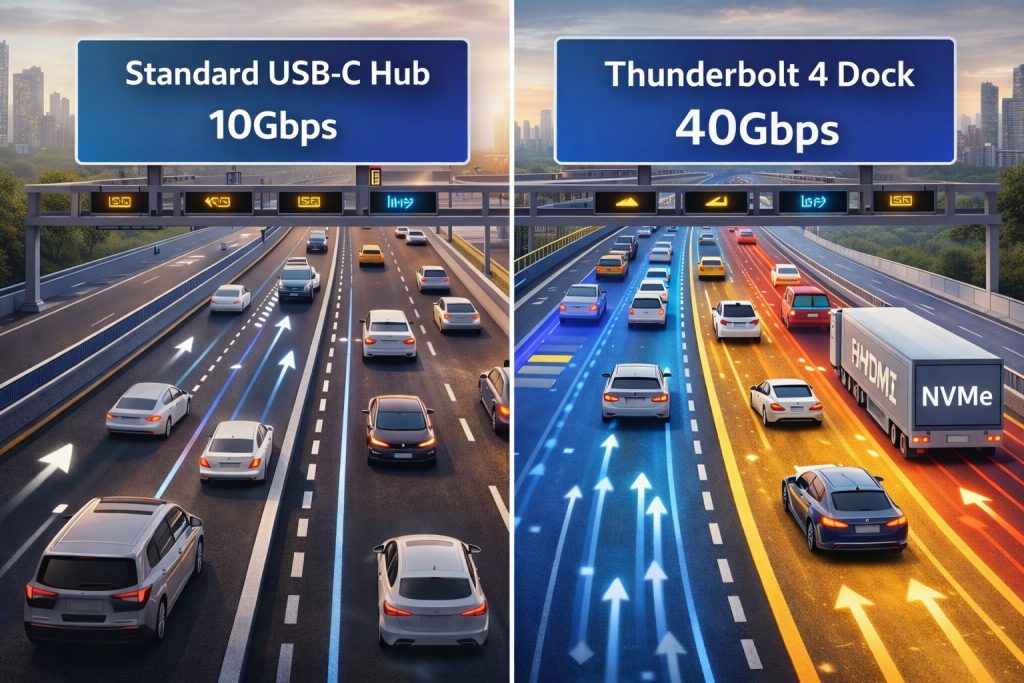 Thunderbolt 4 dock 40Gbps bandwidth compared to standard USB-C hub 10Gbps connection