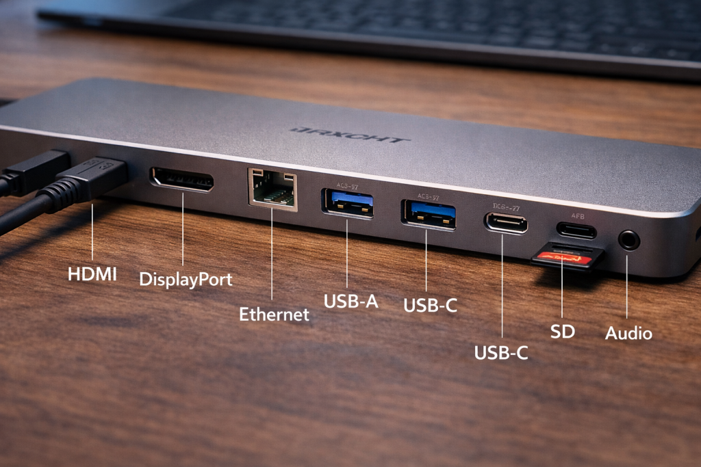 USB-C docking station ports including HDMI, DisplayPort, Ethernet, USB-A, USB-C, and SD card reader