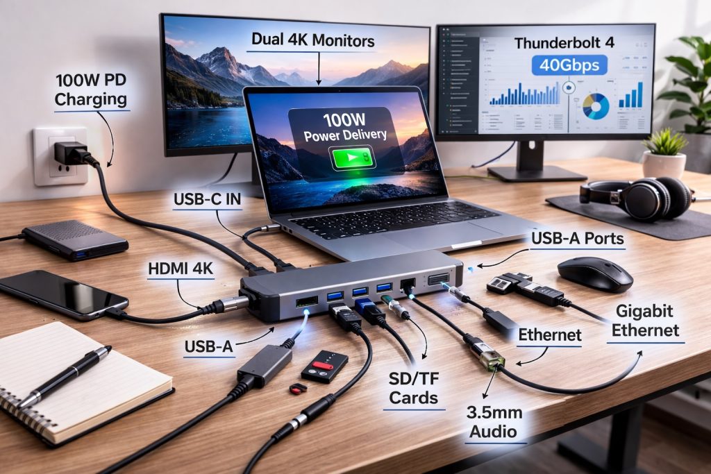 USB-C docking station providing power delivery and charging a MacBook with multiple connected devices