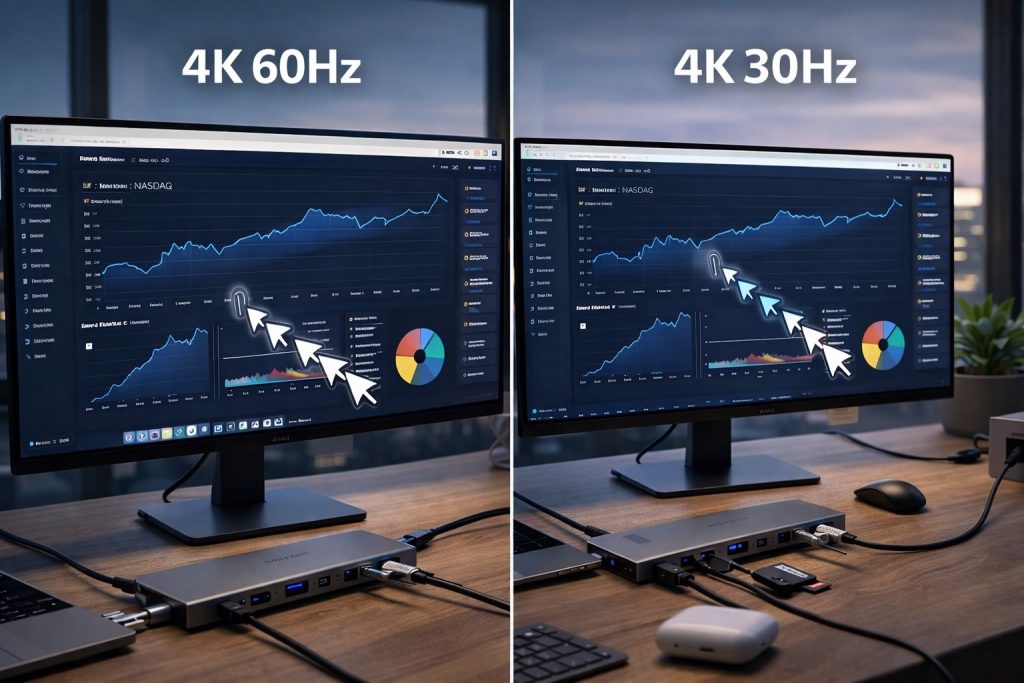 USB-C hub dual monitor setup showing 4K 60Hz versus 30Hz display performance difference